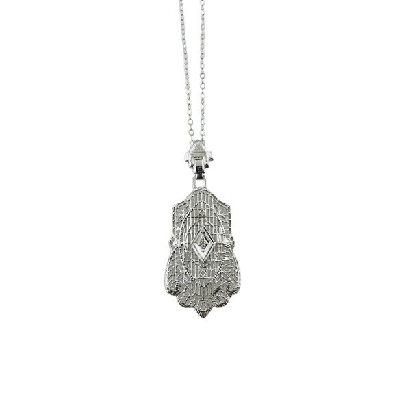 14K White Gold Diamond Filigree Pendant Necklace #16580